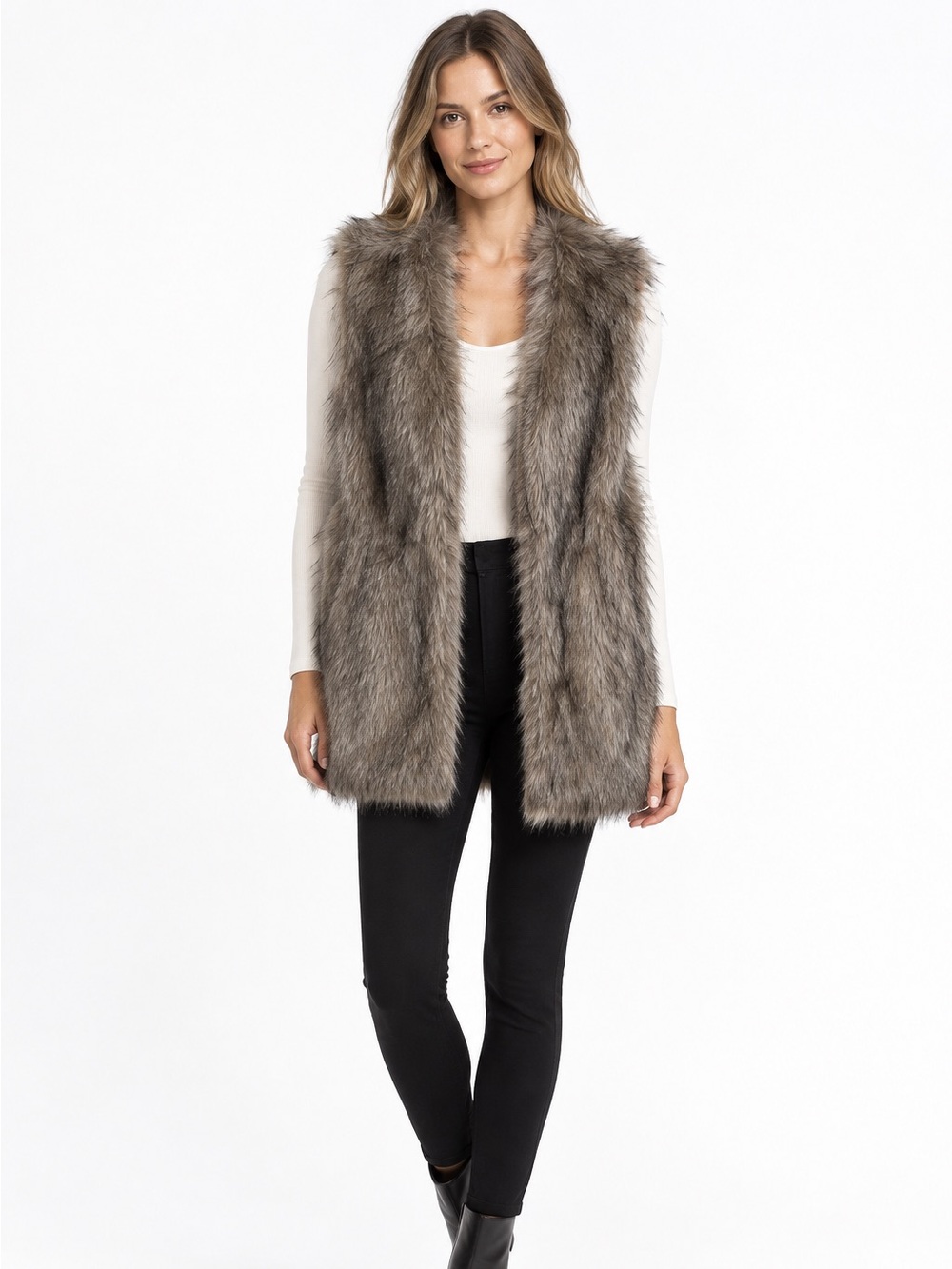Escalier NEW faux fur mid length open front vest jacket sz 10 M medium NWT Fall